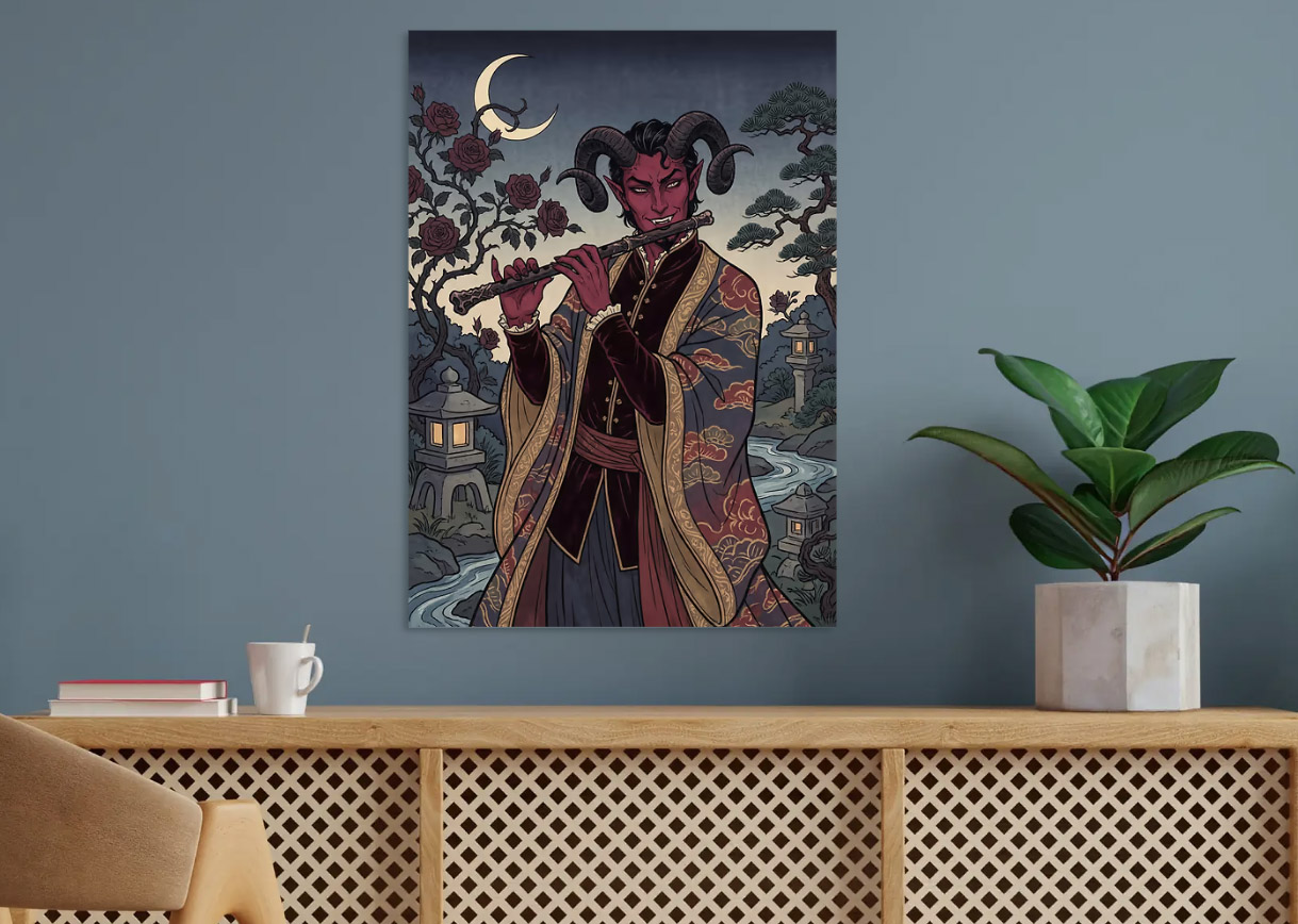 Tiefling Playing Flute in Japanese Garden — metal poster wall art by Lineer
